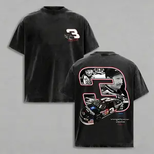 Distressed Washed Retro Dale Earnhardt Racing Crewneck, Two Sided Graphic Small Front #3 Emblem Full Back Black White Dale Portrait No.3 Stock Car Tee For Race Day Outfits