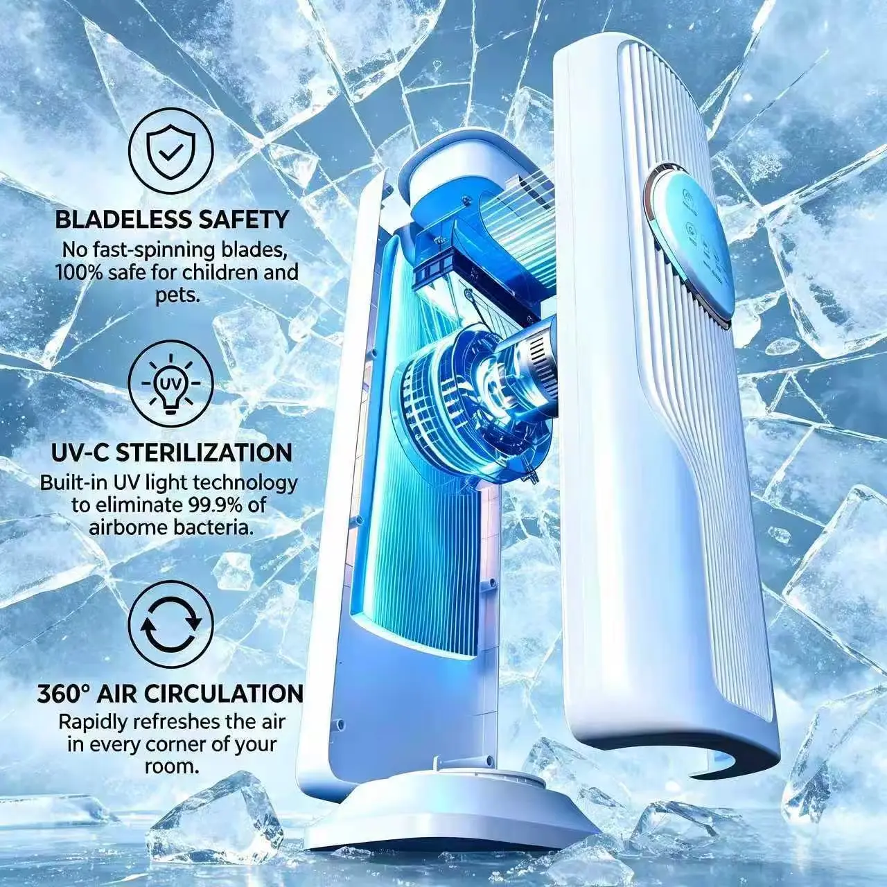 Portable Ice Cooling Fan Bladeless Air Cooler With Humidifier & Purifier Dual Cool Heat Mini Tower Fan Space Saving For Living Room Study Office Desk Summer Essentials
