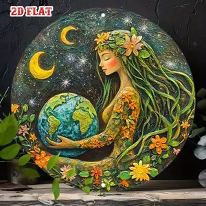 Retro Metal Tin Sign 1pc Round Earth Goddess Wall Art - Vintage Design Celestial Decor with Sun Moon Stars, Frameless Aluminum Outdoor Unique Artwork Artistic
