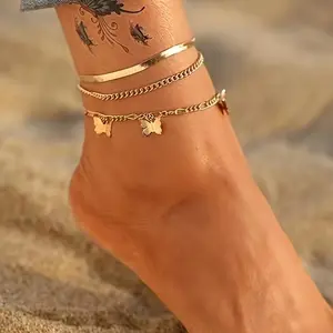 Three Creative And Unique Snake Bone Chain Butterfly Pendant Anklets Designed in a Unisex Style with Multiple Layers for Both Men And Women