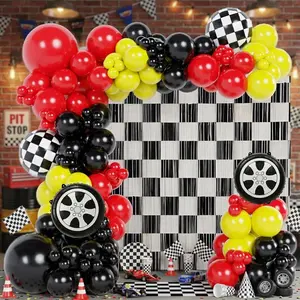 132 Piece Race Car Balloon Arch Kit with Red, Black & Yellow Balloons and Checkered Fringe Decor