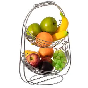 212 MAIN Light Geometric Silver Double-Tier Detachable Metal Fruit & Vegetable Storage Organizer - Household Standing Hammock Stand with Bowl, Shelf, Swing Basket for Kitchen Countertop, Farmhouse Display