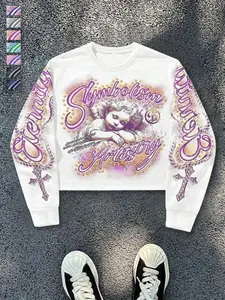 Unisex Y2K Angel Print Graphic Short Cropped Round Neck Sweatshirt Pullover, Rhinestone Symbolism Artistry, Loose Long Sleeve, Soft Cotton Fabric, Streetwear Style