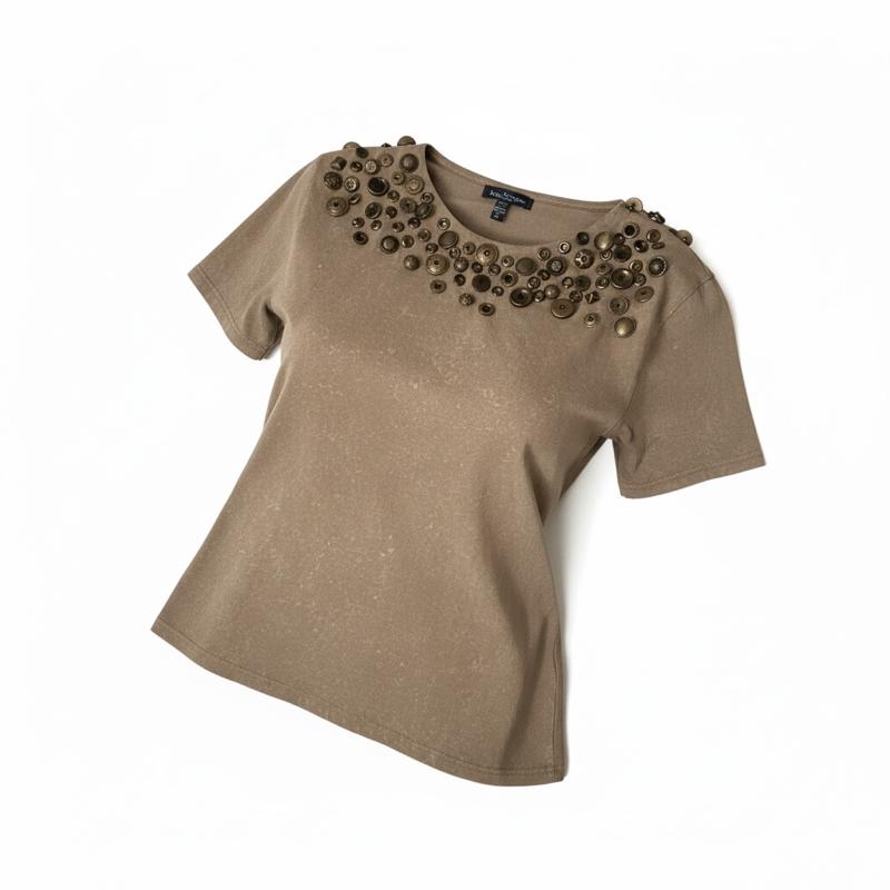Ladies SS Off-Shoulder Embellished Tee with Elegant Beading and Comfortable Fit for Everyday Wear
