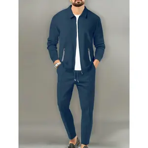 [2-Piece Breathable Comfy Outfit] Men's Casual 2-Piece Outfit, Solid Color Jacket & Drawstring Pants Set, Breathable Comfy Full Zip Jacket & Pants Set