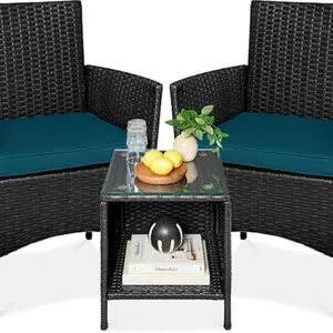 Gaomon 3 Piece Patio Bistro Set, Outdoor PE Rattan Wicker Furniture Set with 2 Chairs and Glass Top Coffee Table, Small Porch Furniture Conversation Set with Cushions for Balcony, Yard, Garden,Black vine+green cushion