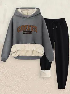 Women's Hooded Sweatshirt Set, Coffee Weather Letter Print, Casual Loose Fit, Fall & Winter Fashion, Thick Knit Fabric, 2 Piece