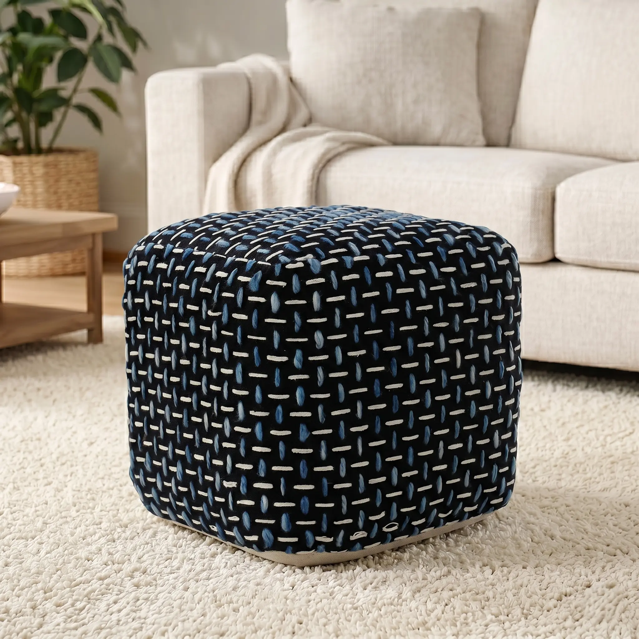 Tilda Handmade Contemporary Geometric Medium Square Pouf Ottoman (Black/Yellow, Black/Blue)