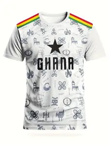 Men's Ghana Adinkra Symbol Print T-Shirt, African Tribal Style Round Neck Football Theme Short Sleeve Top, Sporty Loose-Fit All-Season Clothing
