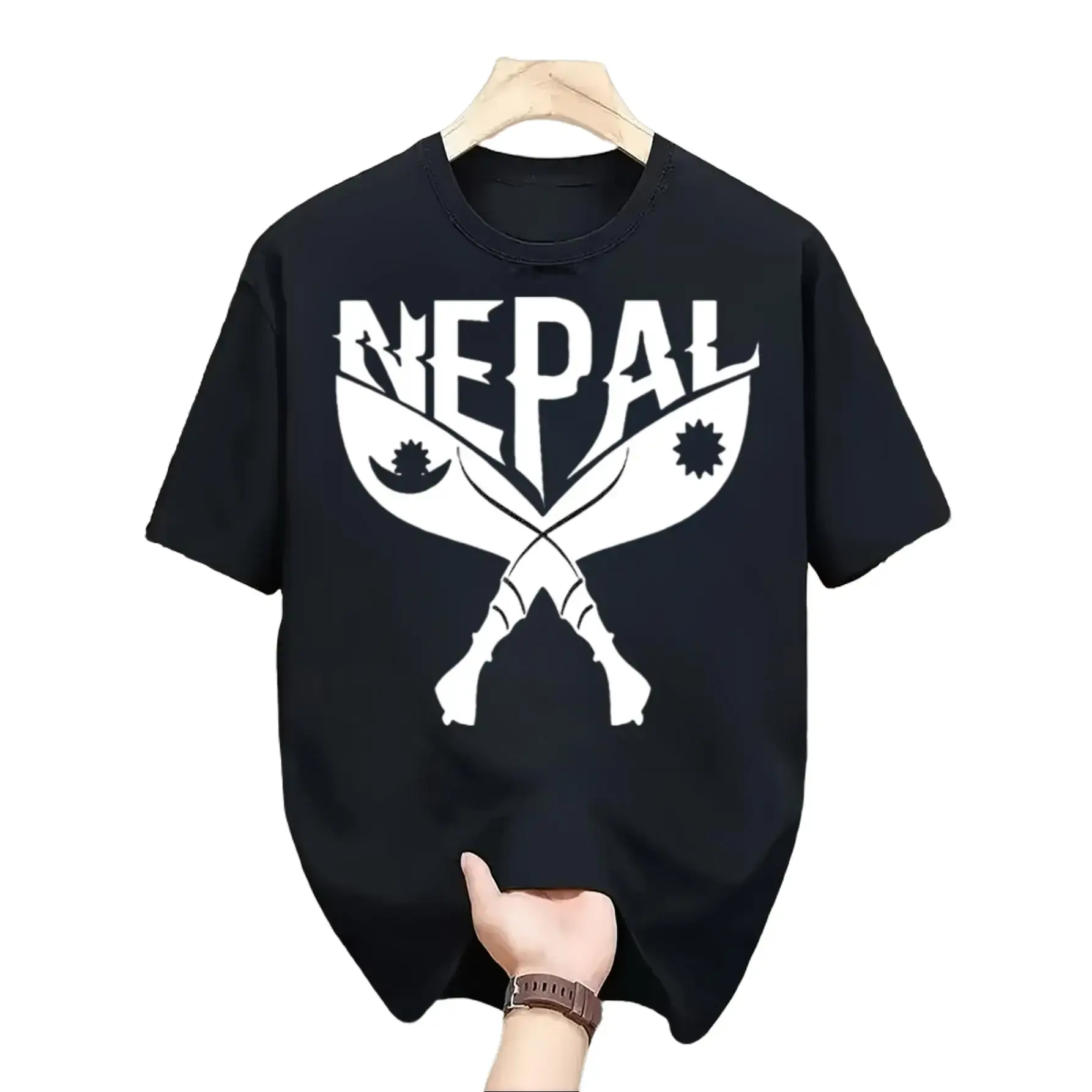 Casual Streetwear Style, Men's T-Shirt, Nepal Crossed Kukri Knives Graphic Design, Summer Outdoor Travel Adventure, Gift For Boyfriend Husband Male Friend