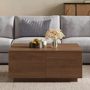 [Fahuac] 33.25" Square Coffee Table with 4 Drawers, Walnut Wood Center Table with Ample Storage for Living Room, Modern Compact Lounge Table