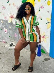 Women's Colorblock Button Front Top & Shorts Sweater Set, Casual Short Sleeve Top & Shorts, Summer Clothes Set for Beach Vacation, Womenswear