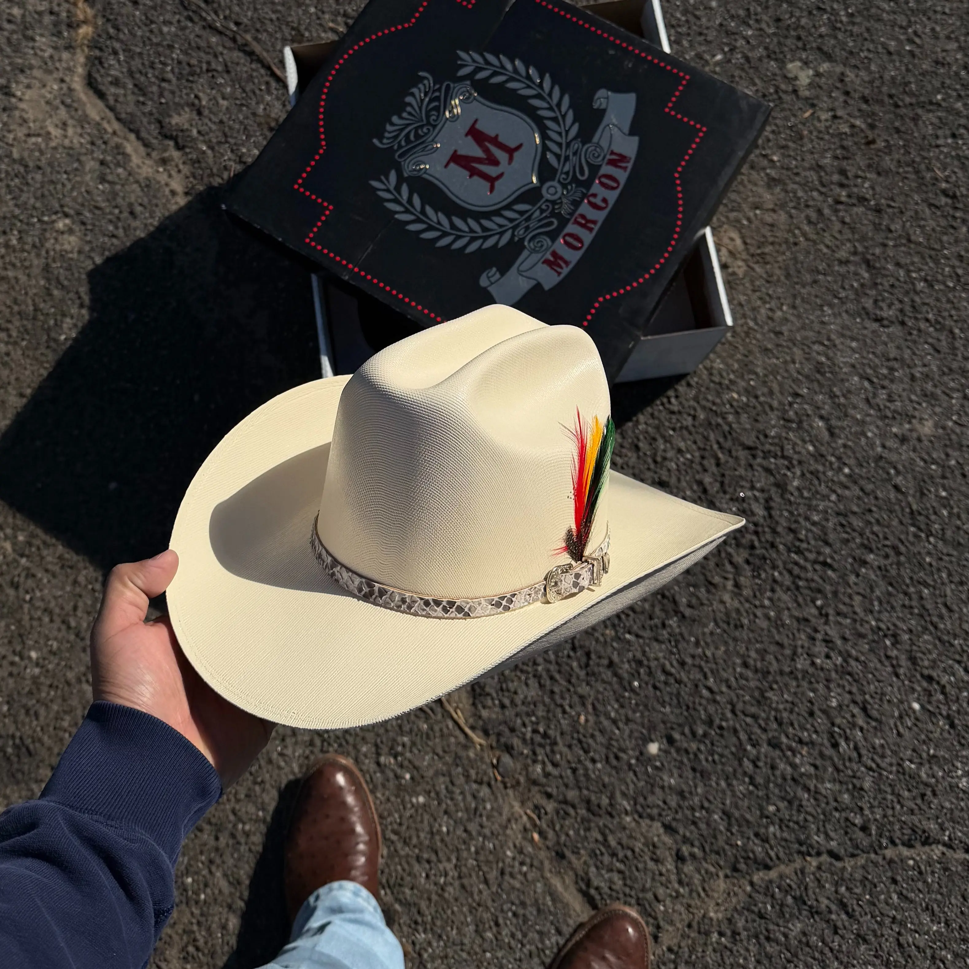 Morcon 10,000X Estilo Sinaloa Cowboy Hat with Feather Accents and Snake Print Band
