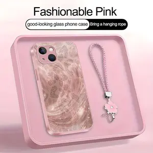 Luxury Pink Glitter Leopard Smartphone Casing, Rose Gold Swirl Aesthetic Glass Protector with Lanyard for iPhone 15 - 975, Mobile Phone Accessories for Cellphone