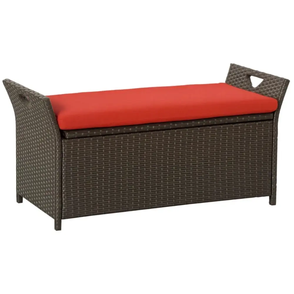 Outdoor Wicker Storage Bench with Removable Cushion, 2-in-1 Patio Deck Box with Hidden Storage, Weather Resistant Rattan Storage Seat for Porch Backyard Garden Poolside