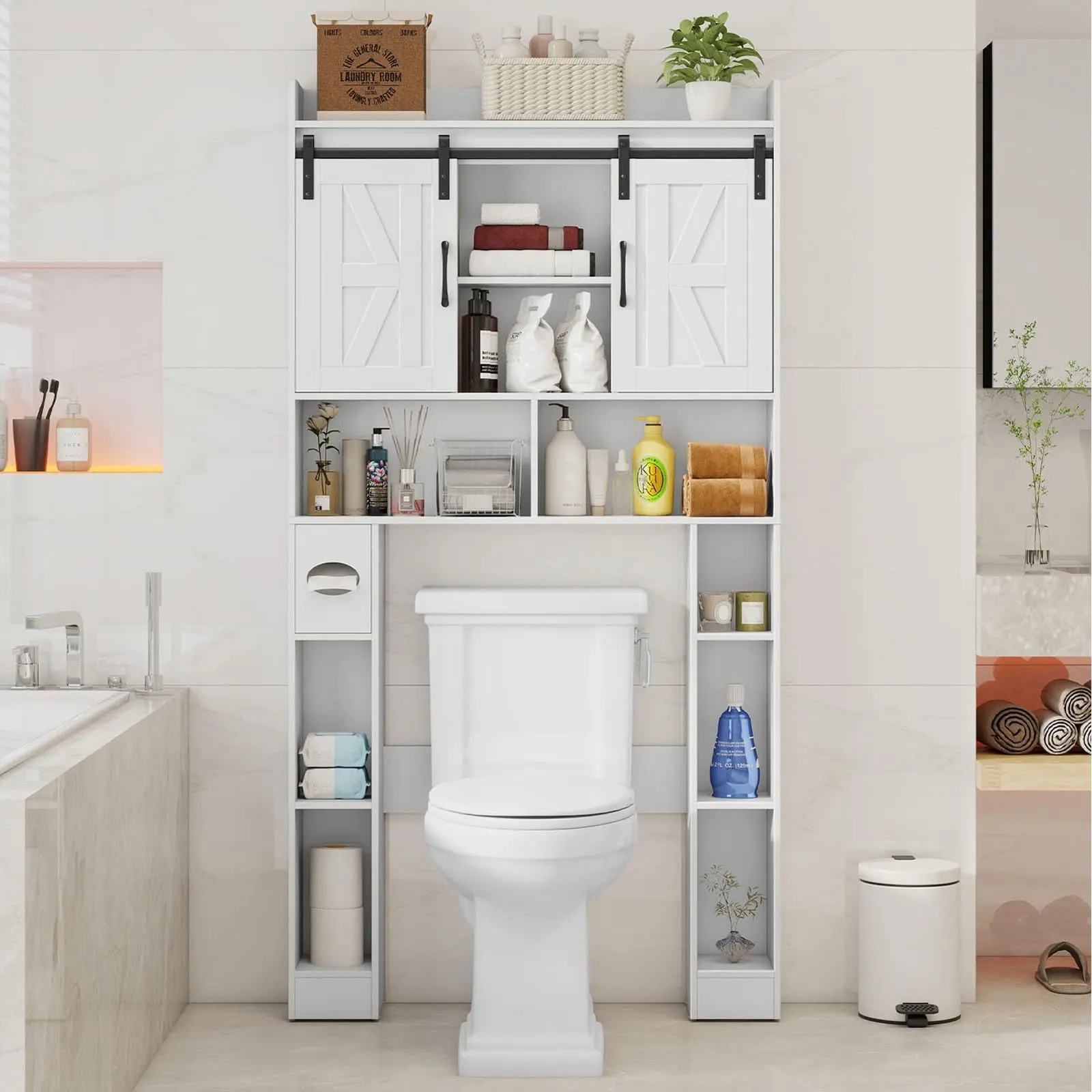 [tiktokshopbacktoschool] Vabches Farmhouse Storage Cabinet Over Toilet with Sliding Doors，Over The Toilet Storage Cabinet, Home Space-Saving Toilet Rack, for Bathroom, Restroom, Laundry