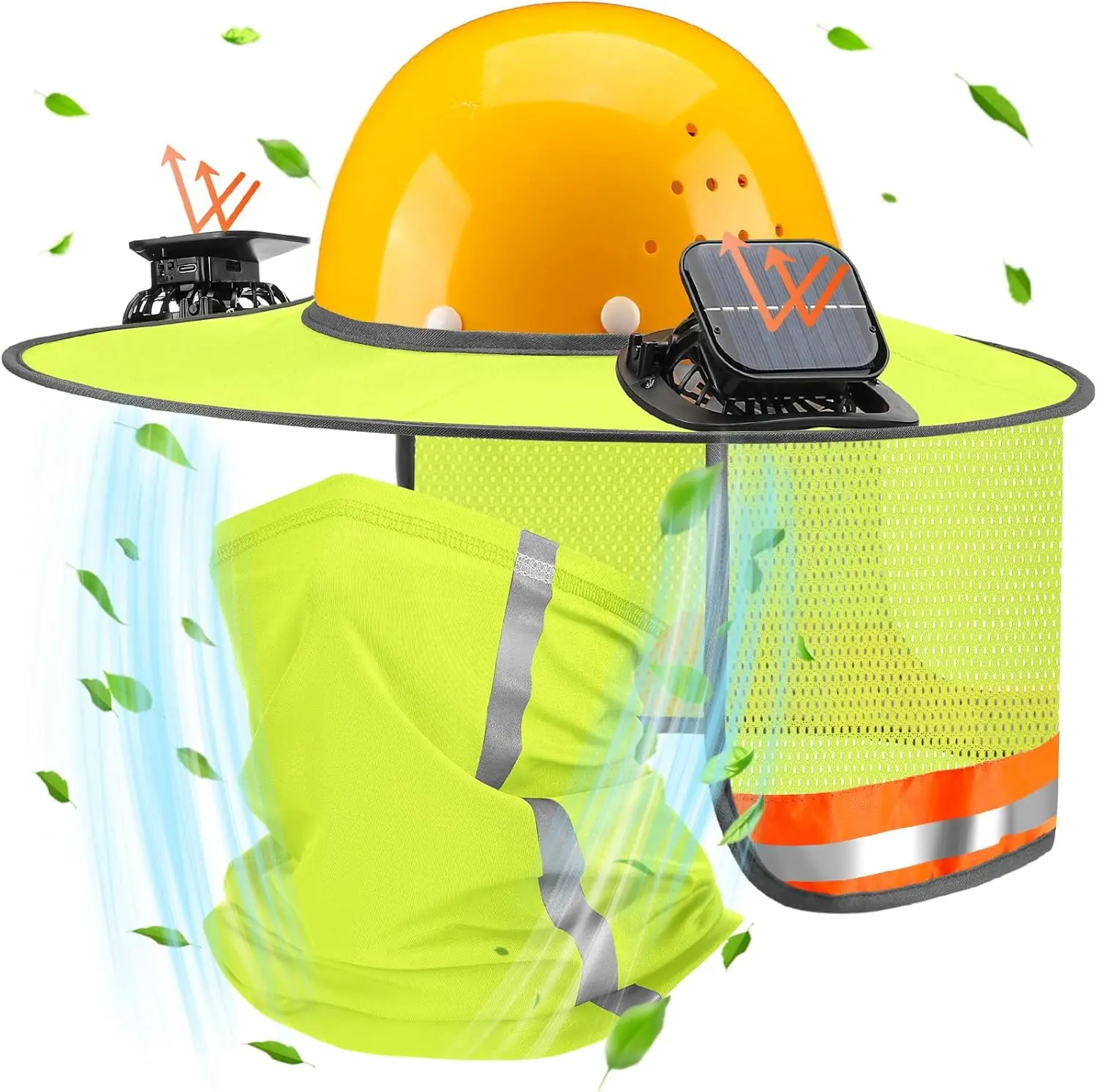 2 Pcs Sun Hard Hat Neck Shield Shade Full Brim Hard Hat with Solar Fan Hardhat Sun Shield Visor with High Visibility for Construction Helmet Hardhat Accessories, Reflective(Fluorescent Yellow)