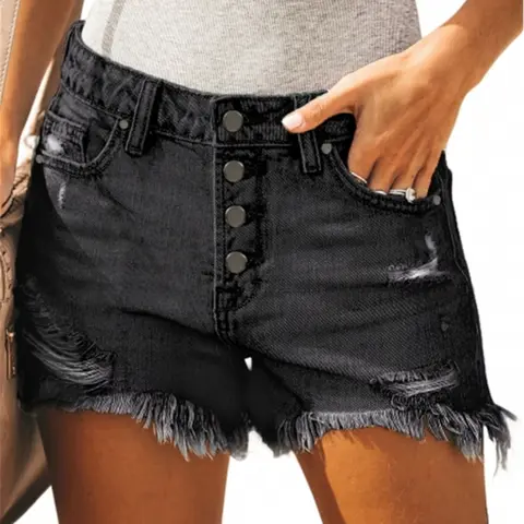 Angerella Women's Mid-Rise Ripped Distressed Denim Shorts - Chic, Cute Minimalist Polyester Bottoms with Buttons, Women's Jeans, Streetwear Clothing for Party Wear