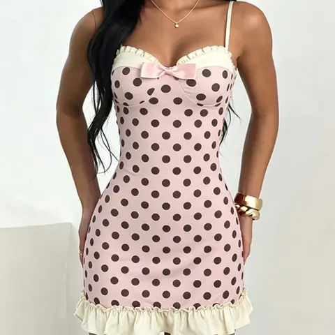 Women's Casual Halter Dot Sleeveless Ruffle Dress, Comfortable Summer, casual beach sundress, Stylish Chic Feminine Ladies' Clothing, Perfect for Daily Wear, Trendy Fashion Piece