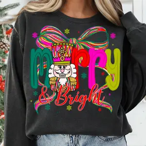 Merry and Bright Coquette Shirt, Christmas Nutcracker Graphic Tee, Glitter Bow Holiday Shirt