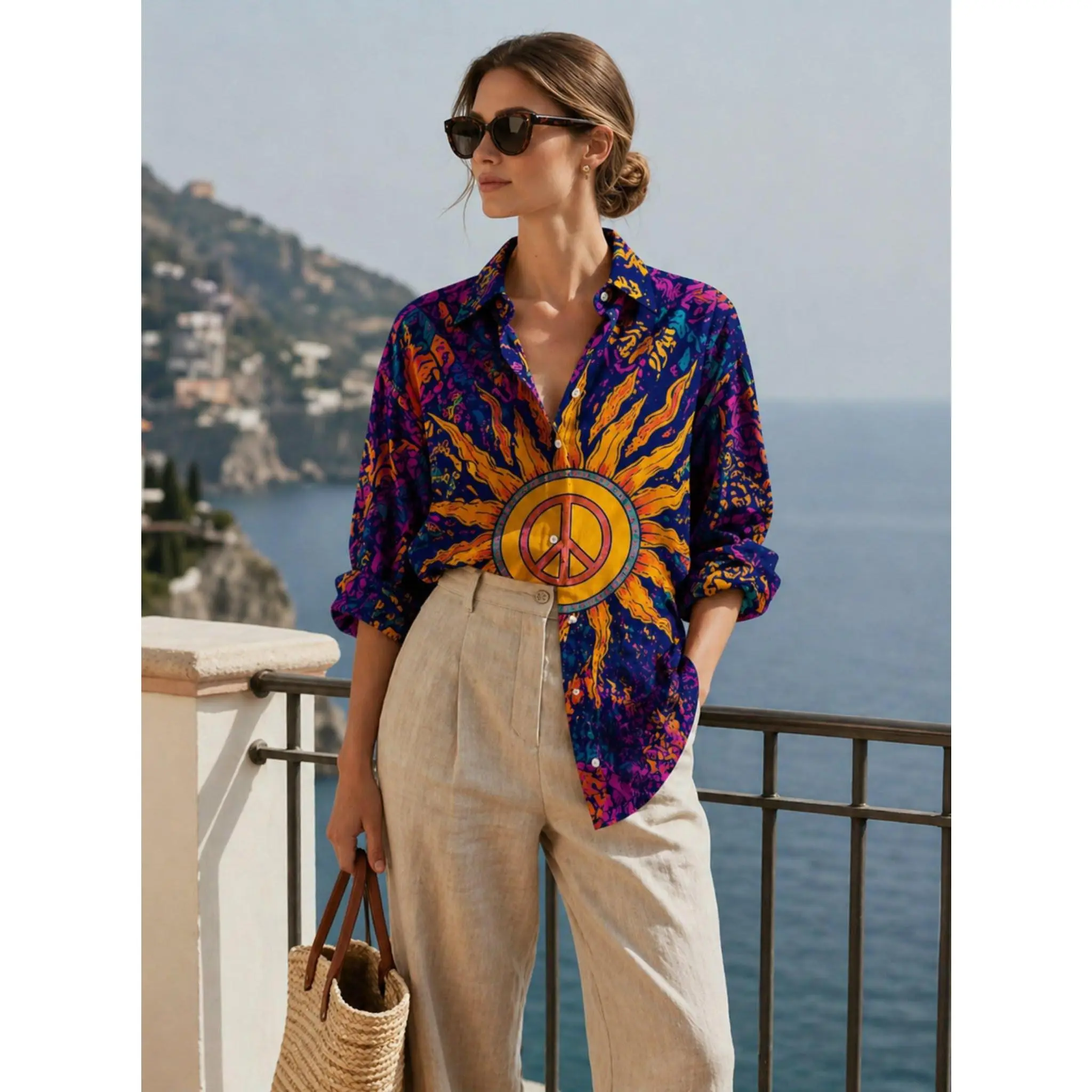 Boho Sun Patchwork Linen Shirt, Quilted Look Colorful Button Down Blouse for Women, Artistic Hippie Clothing, Retro Sunburst Summer Top