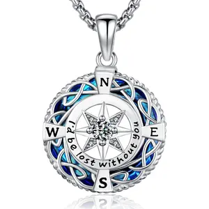 DRINSPER S925 Vegvísir Necklace Viking Compass Necklace 925 Sterling Silver Pendant Crystal inlayed Viking Jewelry for Pagan for Auspicious for Men Women