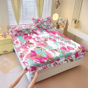 Vintage Floral Sheet Set, 3-Piece Comfortable Printed Sheet and Pillowcases, Non-Slip, Perfect for Bedroom, Kids and Adults Gift，Suitable for people who like bold color matching and want to make the space more vibrant
