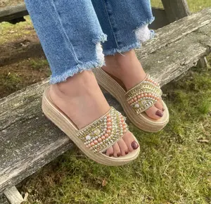 Embellished Rose Pearls Flat Espadrille Sandals Embellished Rose Pearls Flat Espadrille Sandals