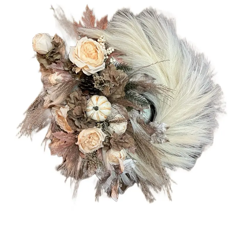 Boho Wreath with Feathers and Floral Elements as Described