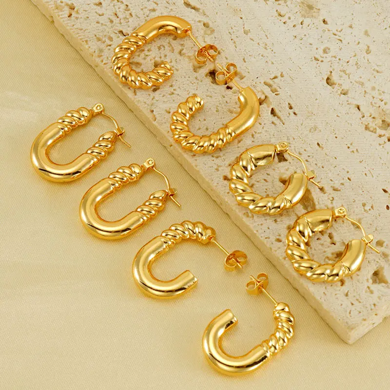 Stainless Steel Stud & Hoop Earrings Set - 4 Pairs in 1 Bag, Twisted Wire Design, Spiral & Geometric Patterns, Fashion Stainless Steel Jewelry Accessories