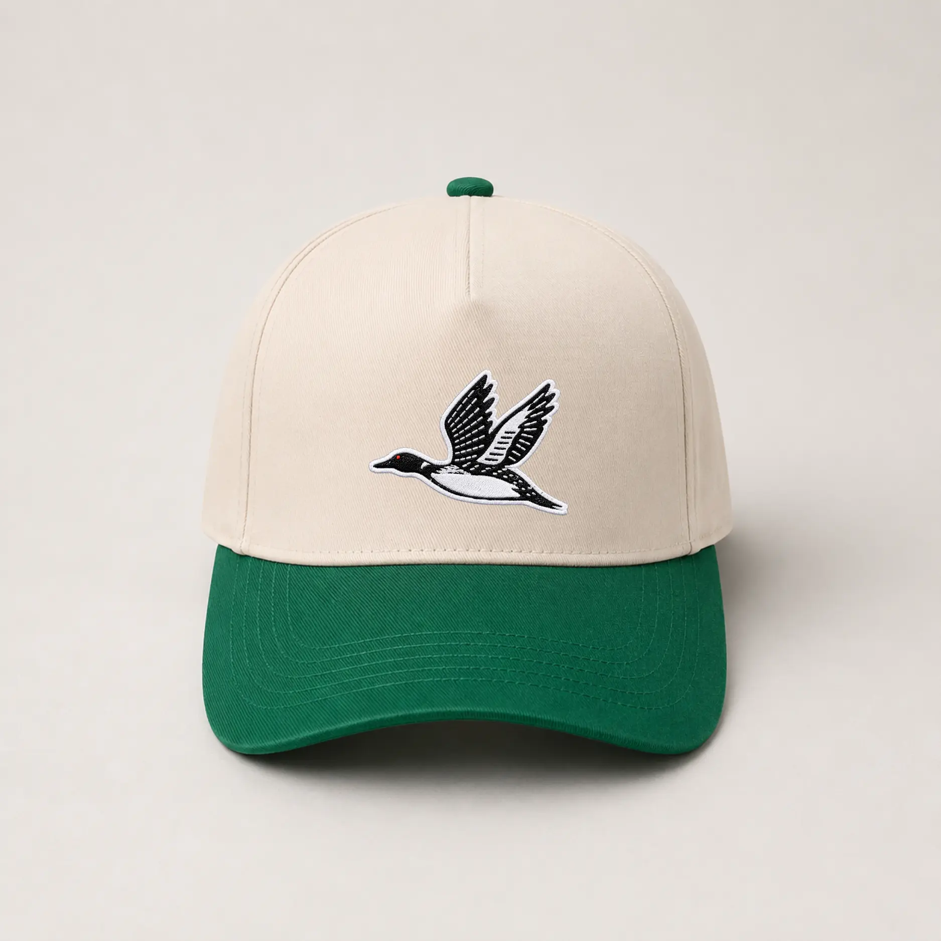Flying Waterfowl Embroidered Baseball Cap, Cream & Green Two Tone Adjustable Hat, Vintage Outdoor Bird Cap for Nature Lovers, Hunting Style & Everyday Casual Wear