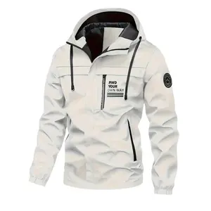 Men's Hooded Jacket with Drawstring, Patchwork Letter Print Zipper Coat, Long Sleeve Loose Casual Spring & Fall Clothing
