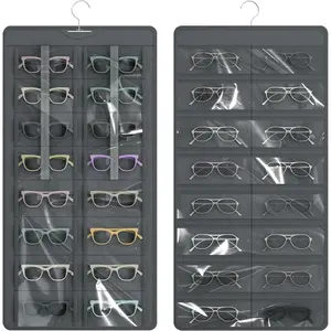 Hanging Sunglasses Organizer and Storage Dual-Sided Sunglasses Case Jewelry Holder Wall-Mounted 32 Clear Slots Dust-Proof Roof Design for Travel Dark Gray