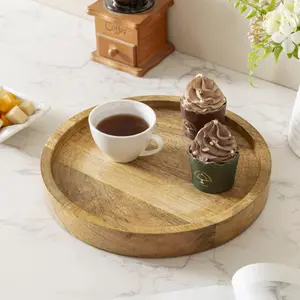 MyGift 11 Inch Natural Solid Mango Wood Round Vanity Tray, Serving Platter, Centerpiece Display for Dining, Console, and Coffee Tables - Handcrafted in India