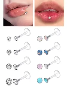 8PCS 16G Clear Push Top Piercing Retainers Earrings For Work, Bioflex Lip Rings Labret Helix Tragus Medusa Monroe Retainer For Women Men 6-10mm Bar Length, Fashion Body Jewelry