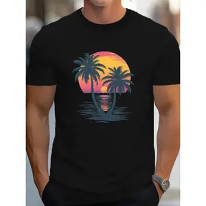 100% Cotton Summer T Shirts TropicalSunset Palms Men'S Pure Cotton T-Shirt - Comfortable Fit, Exquisite Pattern, Round Neck, Short Sleeved, Trendy & High-End T-Shirt For Men and Women