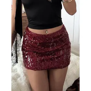 Elegant Sequined Skirt for Women, Slim-Fitting Christmas Party Dress, Short A-Line Skirt for All Seasons, Fashionable Street Style, Stretch Skirt
