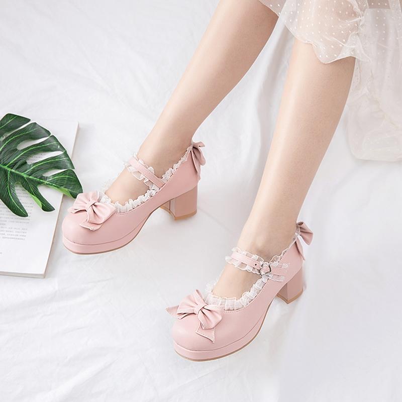 Women Kawaii Block Heel Mary Janes Pumps with Bow Platform Dress Pumps Chunky Heel Cute Lace Sweet Party Shoes for Girls Christmas gifts