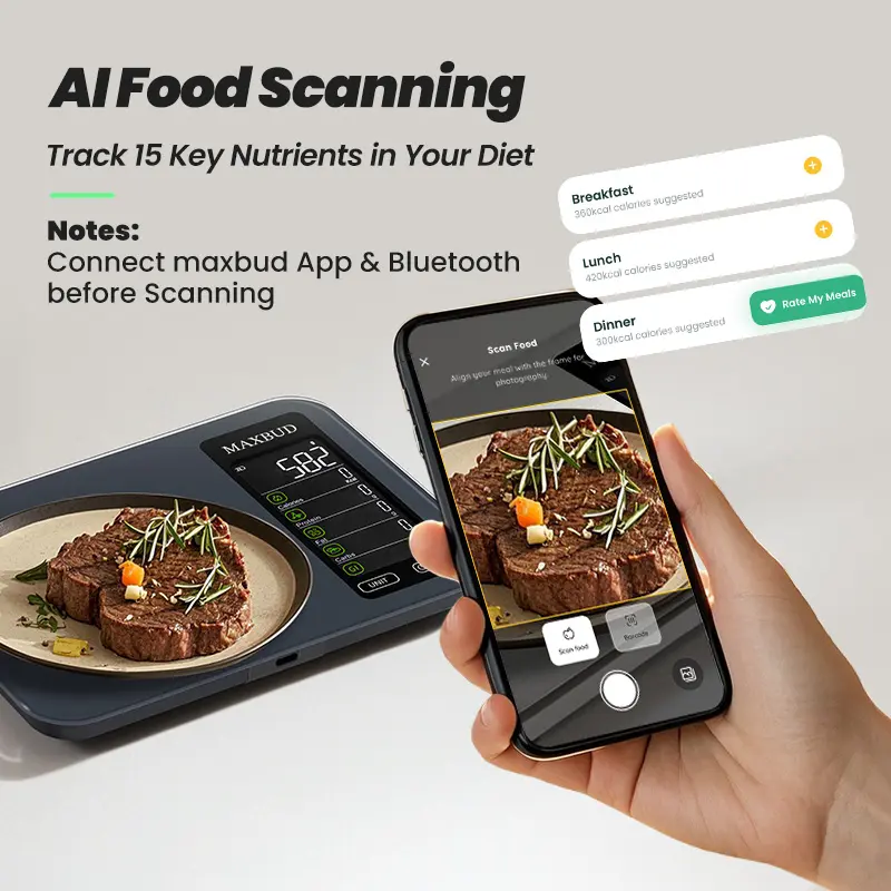 MAXBUD AI Nutrition Scale with APP Function, Food Ai Scanning for 19 Nutrients, Rechargeable Glass Design for Fitness & Travel, Food Nutritional Scale
