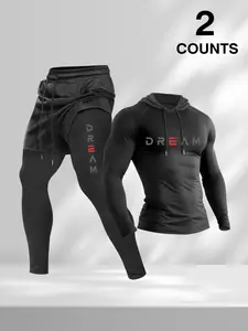 Men's DREAM Print 2 Piece Workout Outfit, Compression Hoodie + 2-in-1 Shorts Leggings, Quick Dry Gym Tracksuit for Running, Training, Fitness, Daily Exercise, Athletic Wear #springsaledeals2026 #summeroutfits #mensgymwear #fitnessfashion