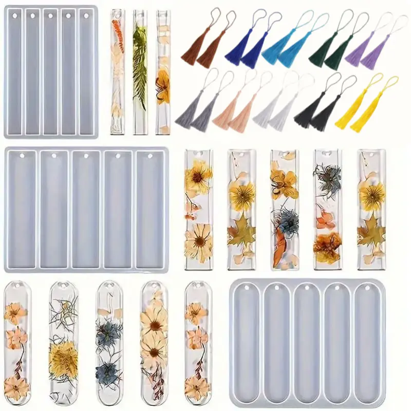 Sturdy Silicone 3-Size Bookmark Molds Kit (3pcs, Multiple Cavities) - For Epoxy, UV Resin Crafts - Includes 20 Tassels, Ideal for Creative DIY Projects, Home Decor, Holiday Handmade Gifts