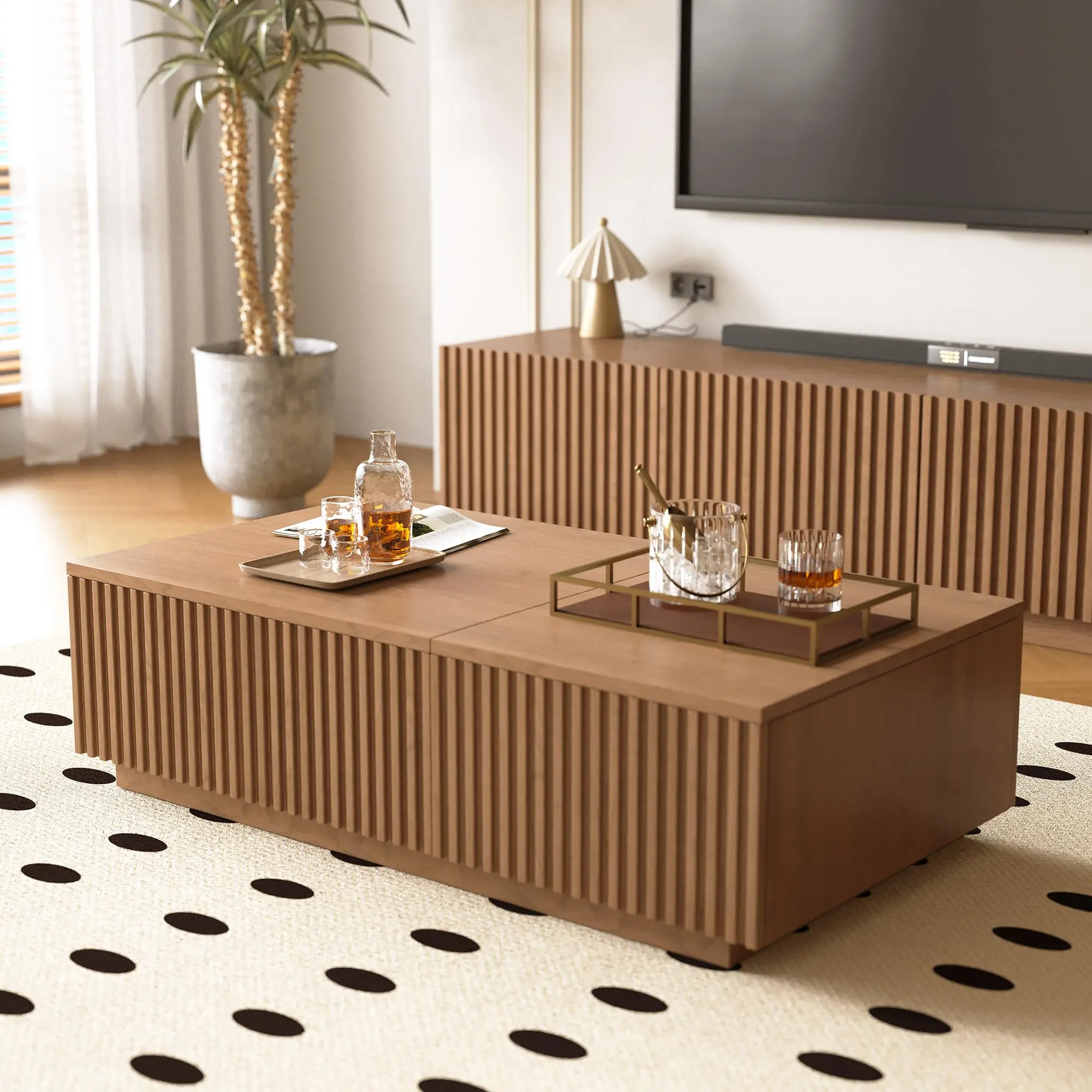 51" Rectangular Mid-Century Modern Lift Top Extendable Coffee Table - Oak Wood Frame, Hidden Divided Storage, Sliding Tabletop, Silent Glide Rails, Floor Base Stability, Easy-Clean Finish for Living Room Office, Coffee Table Living Room