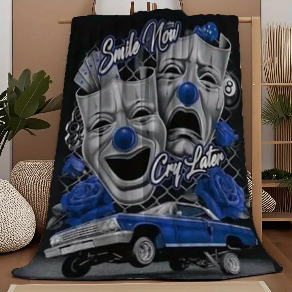 Smile Now Cry Later Lowrider Bohemian Flannel Throw Blanket, Ultra Soft Comfortable Decorative Bedspread Bed Cover for Sofa Bedroom, Perfect Birthday Anniversary Christmas Valentine’s Day Holiday Gift for Husband Boyfriend Chicano Style Lovers