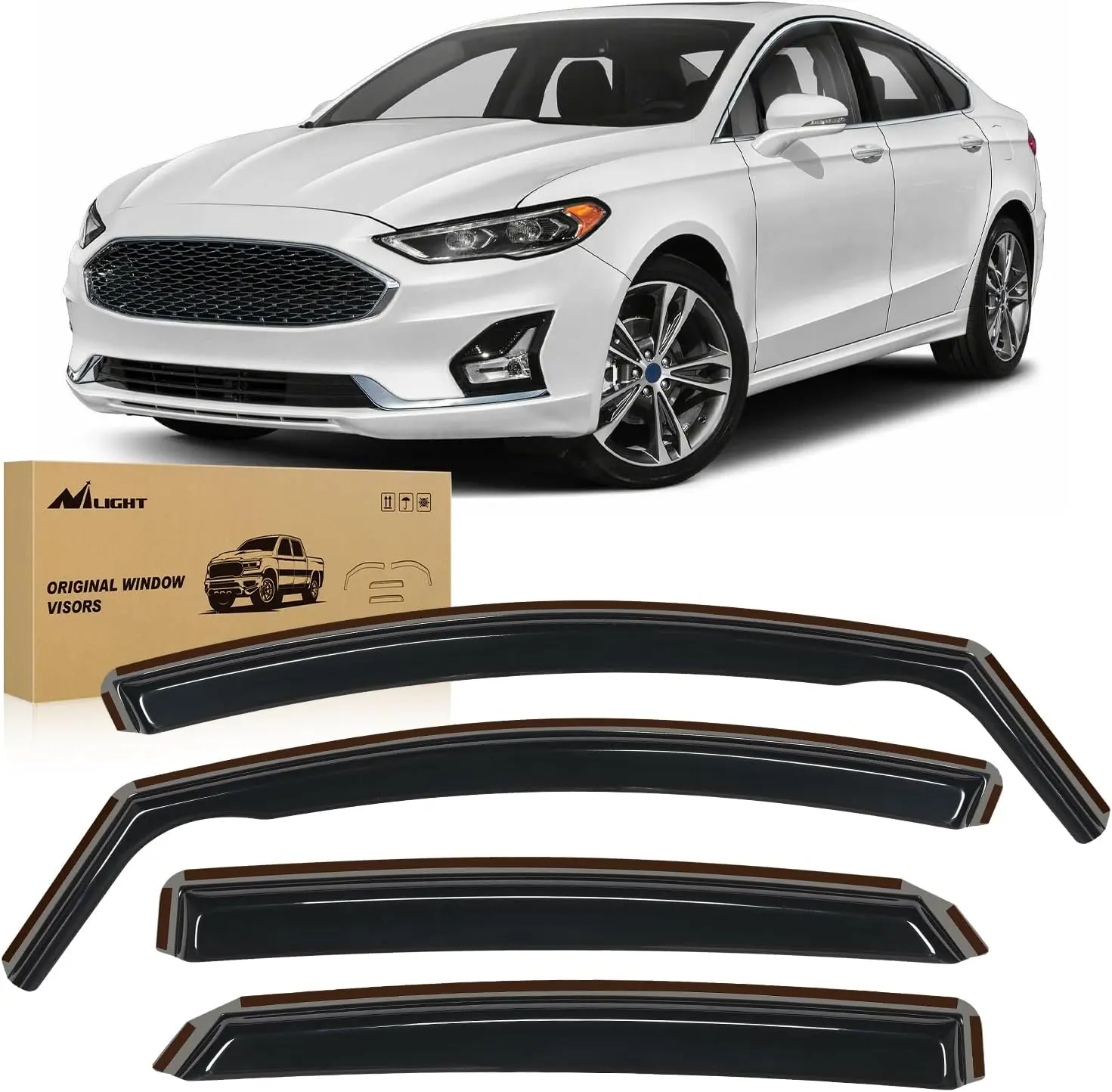 Nilight Original Window Deflectors for Ford Fusion 2013-2020, 4PCS Automotive Aerodynamic Rain Guards with Clips & Double-Sided Tape, Tool-Free Easy-Install All-Weather Anti-Fog Car Exterior Accessories