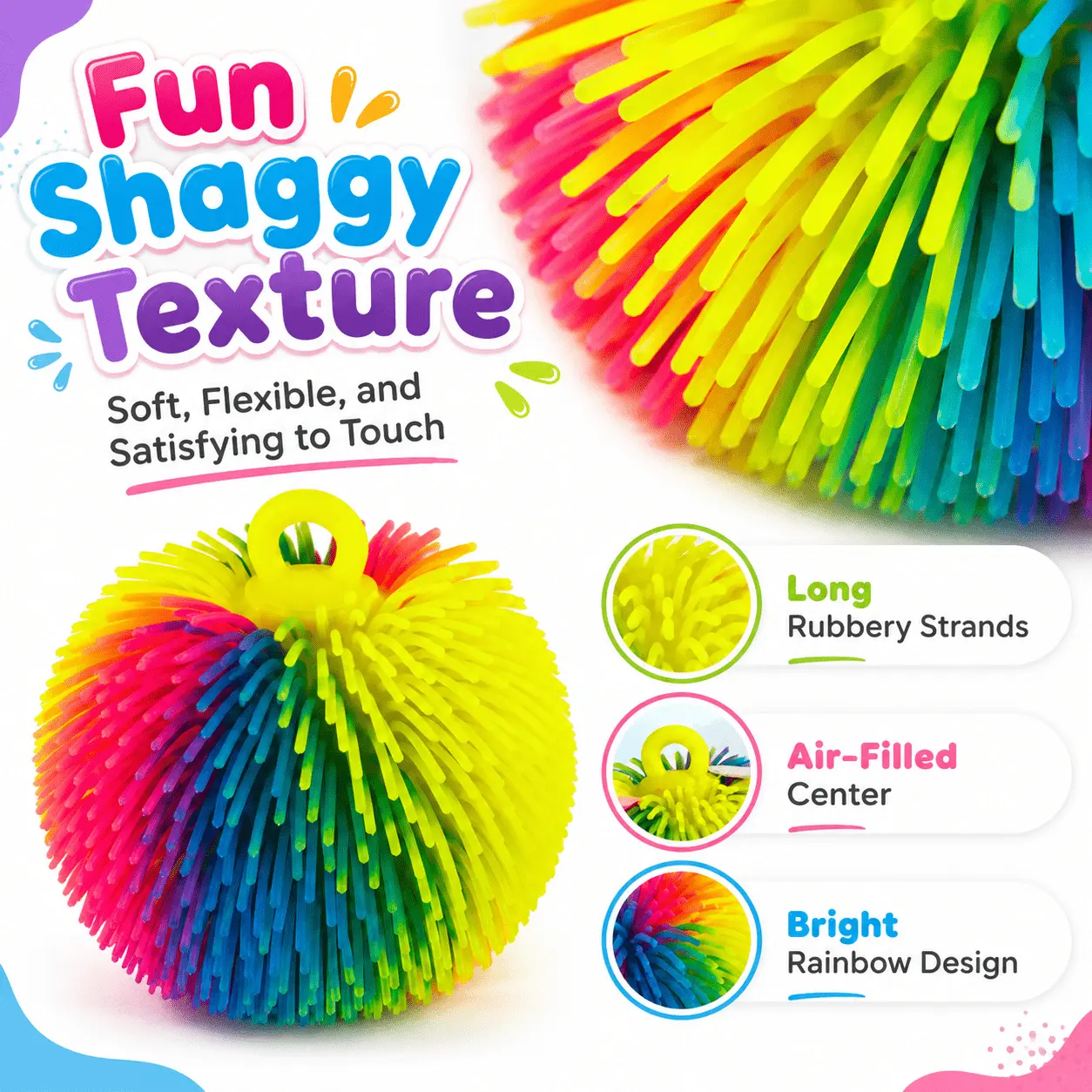 Rainbow Shaggy Squishy Ball Toy w/ Lights, Soft Air-Filled Stretch & Squeeze Sensory Toy With Loop Handle, Colorful Bouncy Fidget Toy For Kids, Party Favors, Prizes, Gift Bags & Everyday Play