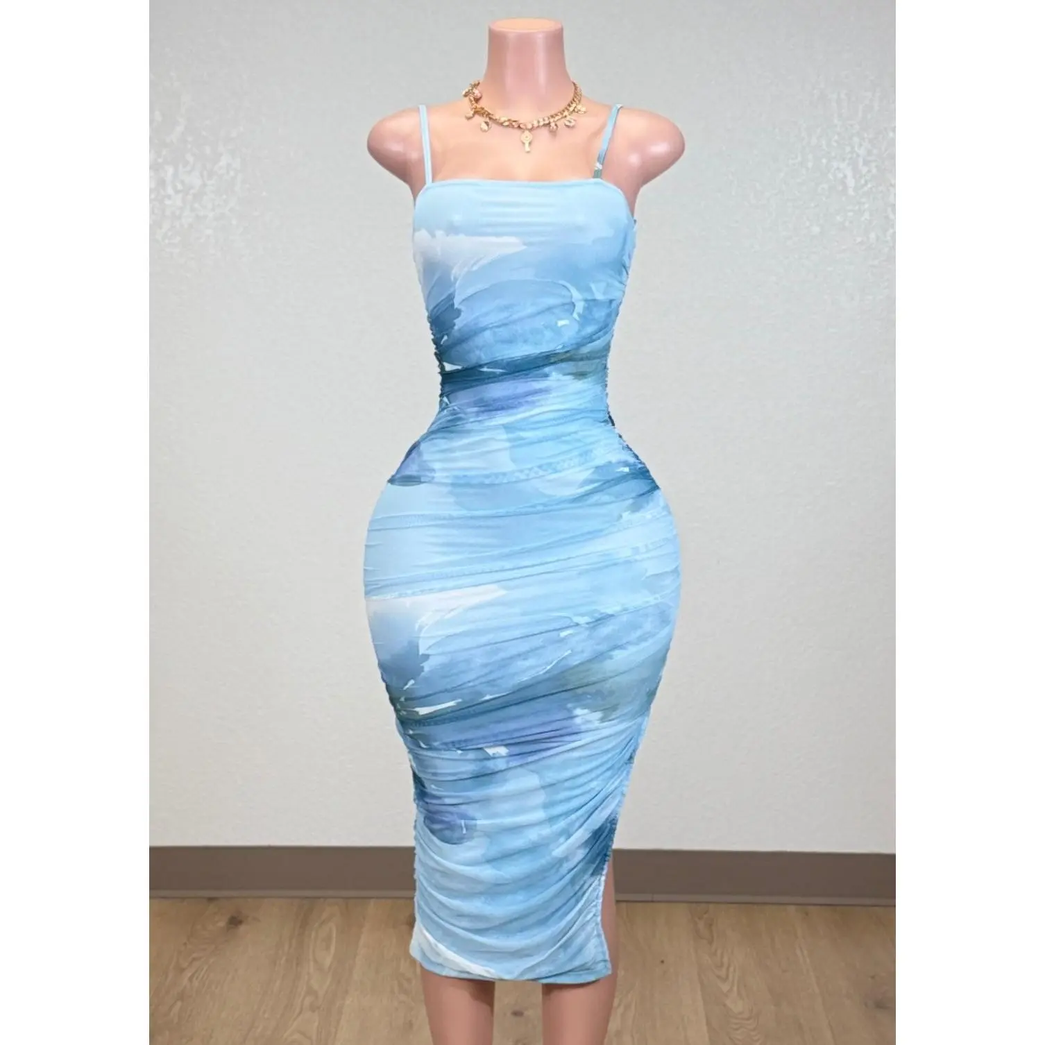 blue bodycon dress midi Sherri Hill Open Back Print Prom Dress 57226
