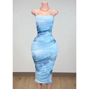 KINA BLUE BODYCON STRAPPY MIDI DRESS