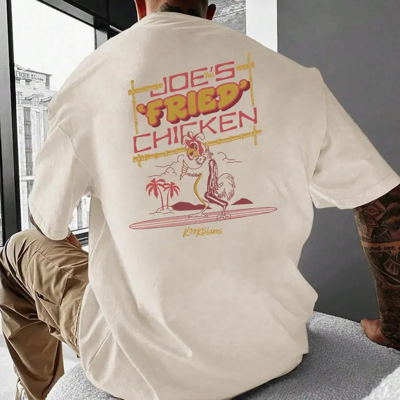 Men's Letter & Chicken & Tropical Landscape Print Round Neck Tee, Street Casual Regular Fit Short Sleeve T-shirt for Summer, Menswear for Daily Wear
