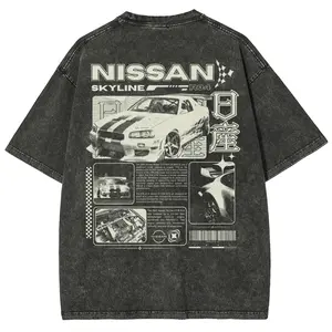 Unisex T-shirt Vintage JDM Sports Car Graphic Washed Denim T-Shirt Skyline Men's Graphic Tees Streetwear Outfits Men Vacation Outfits