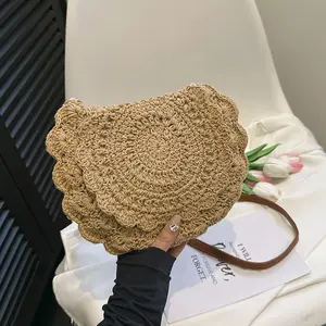 Lace-trimmed Crossbody Cotton Woven Bag Openwork Straw Shoulder Bag for Beach Outings Versatile Women's Accessory Ideal for Vacations Chic Lightweight Design
